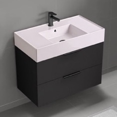 Floating Black Bathroom Vanity, Modern, 32 inch, Pink Ceramic Sink